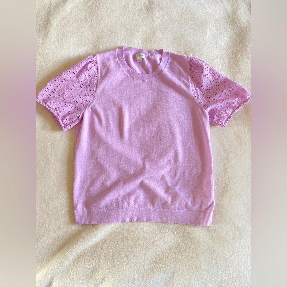 J.Crew cotton short sleeve sweater tee pink | eyelet sleeves | spring | large